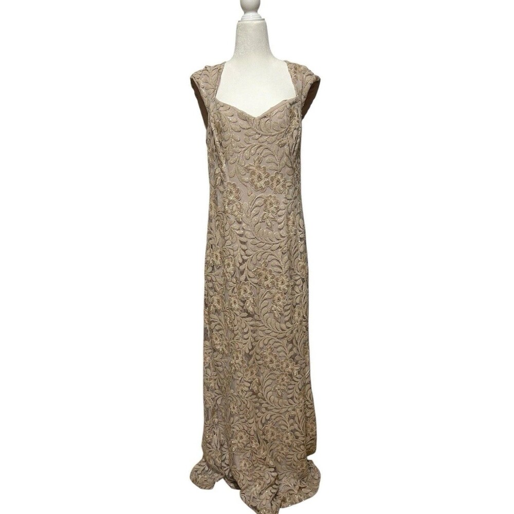 Vtg Ralph Lauren Gown Y2K Maxi Prom Dress Sz 14 Champagne Floral Sequin Formal